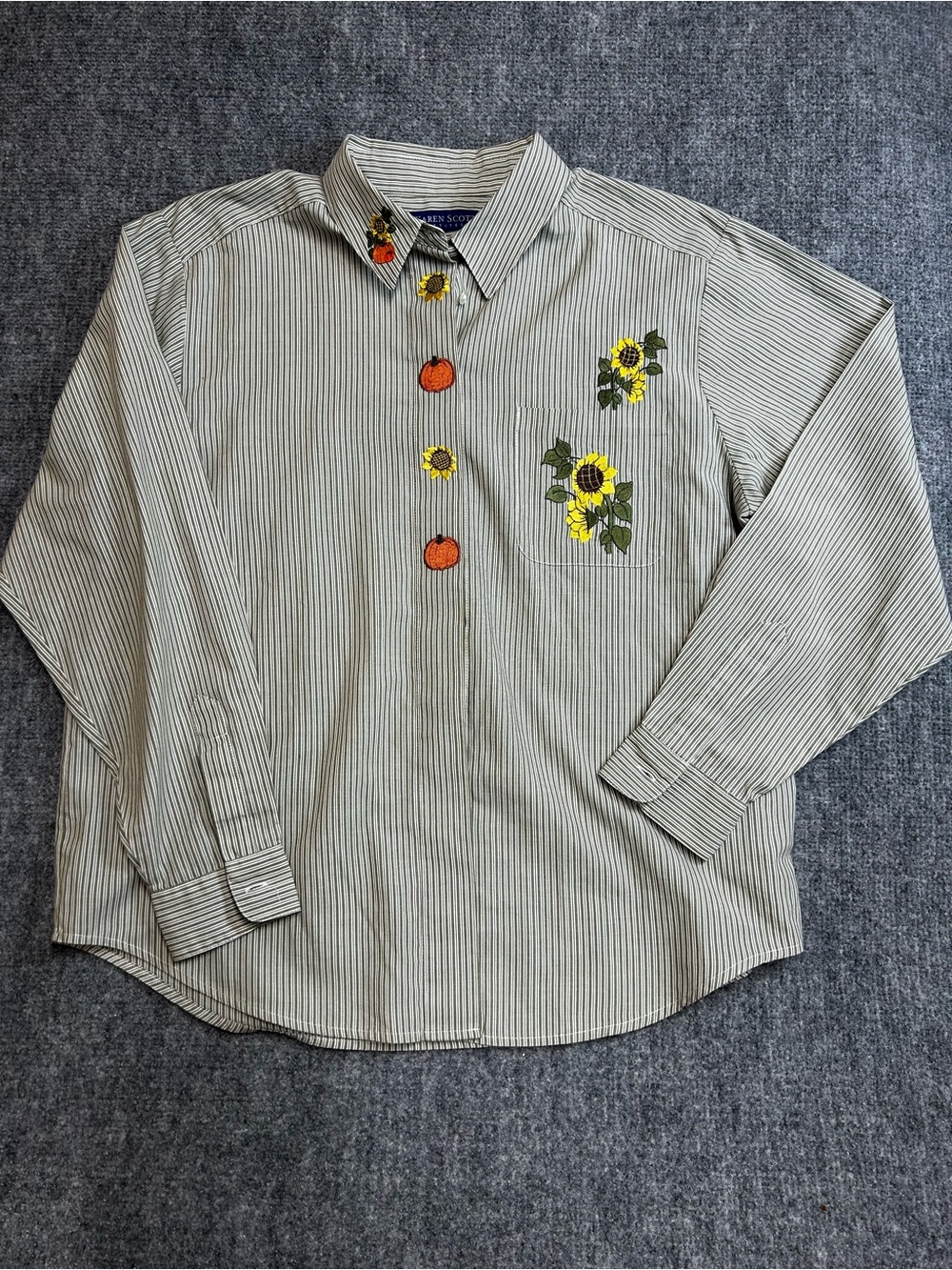 Karen Scott Pinstripe Button-Up Shirt with Sunflower & Pumpkin Embroidery -